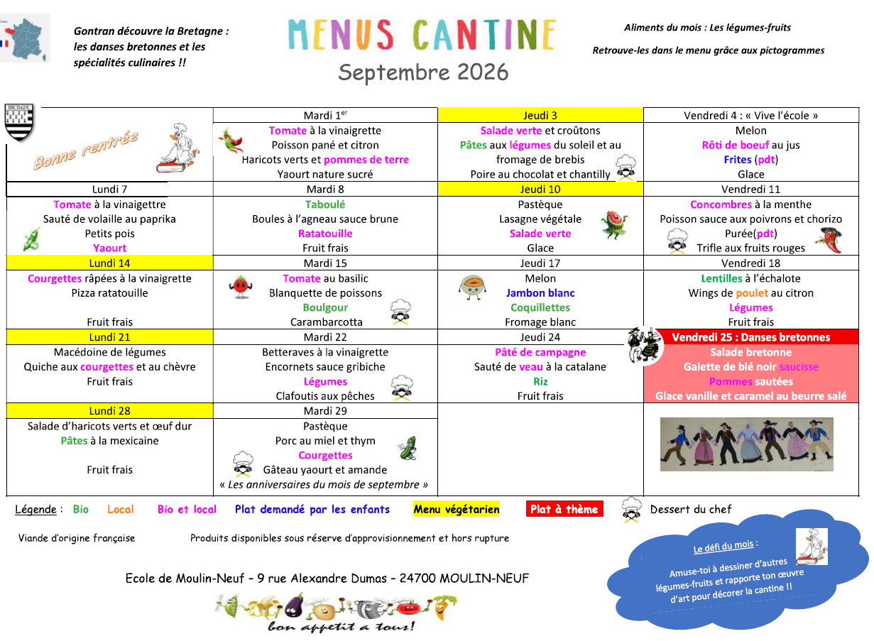 Lire la suite à propos de l’article Menu scolaire septembre