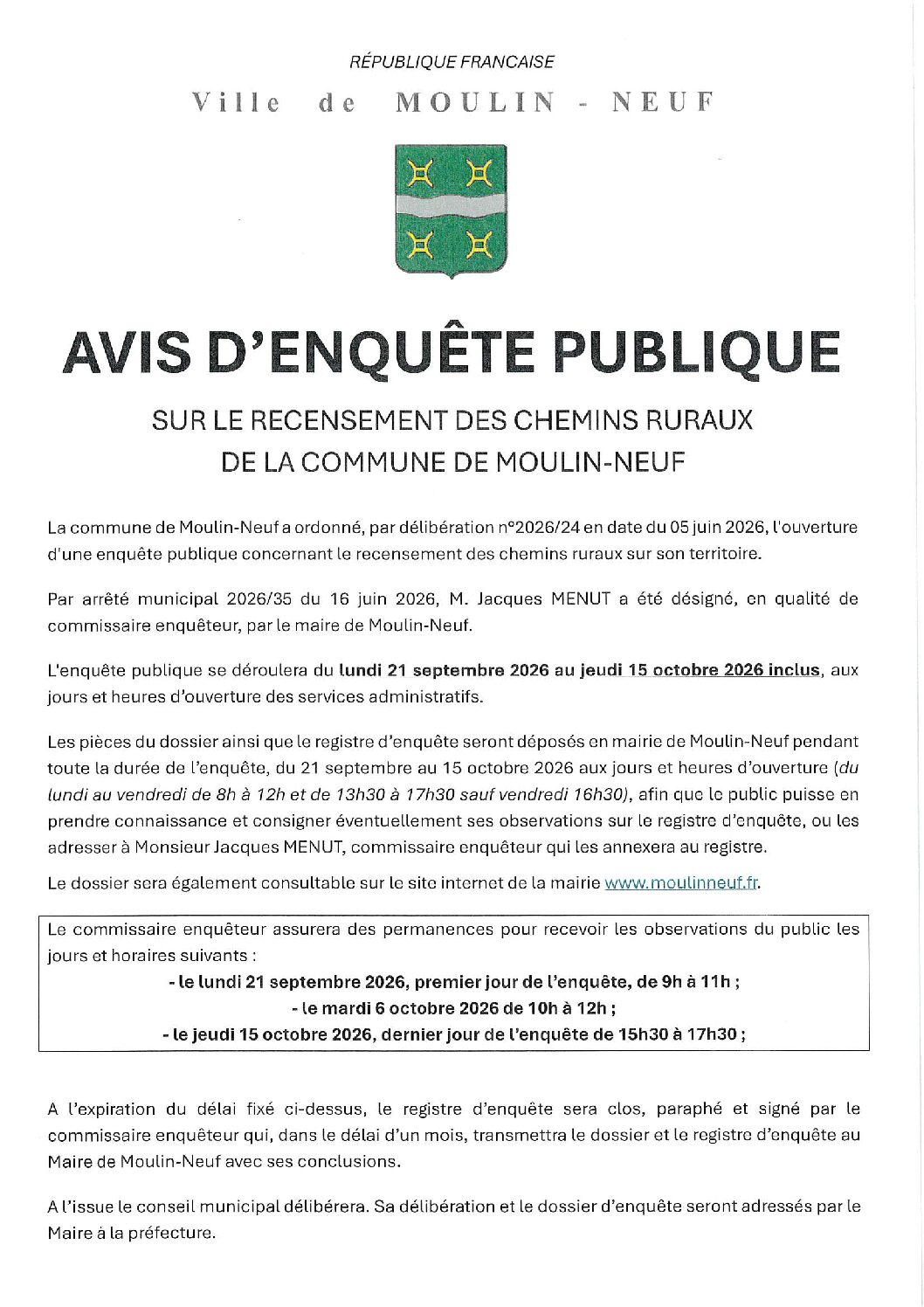 Lire la suite à propos de l’article Avis d&rsquo;enquête publique Chemins Ruraux